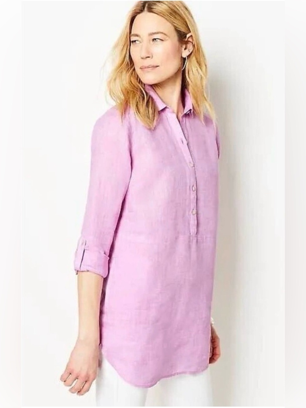 J.Jill Love Linen Collared Popover Tunic Top in Petunia Pink Petite S EUC